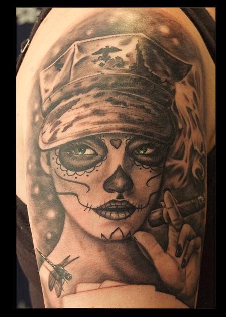 Tattoos - Black and Gray Day of the Dead Tattoo - 115159